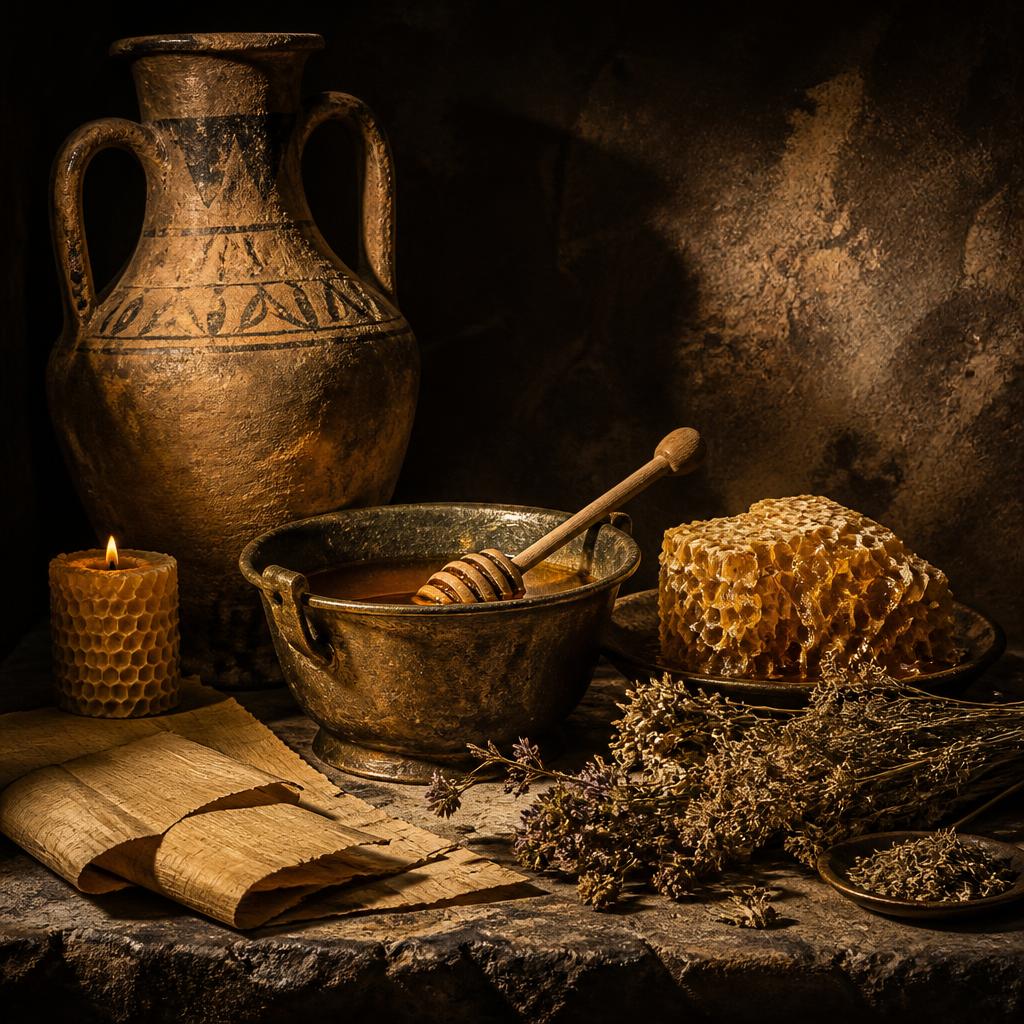 Clay amphora, bronze bowl of honey, honeycomb and dried herbs on a stone table