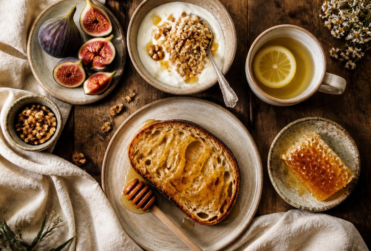 Rustic breakfast table with honey-drizzled toast, yogurt bowl, tea, figs and honeycomb