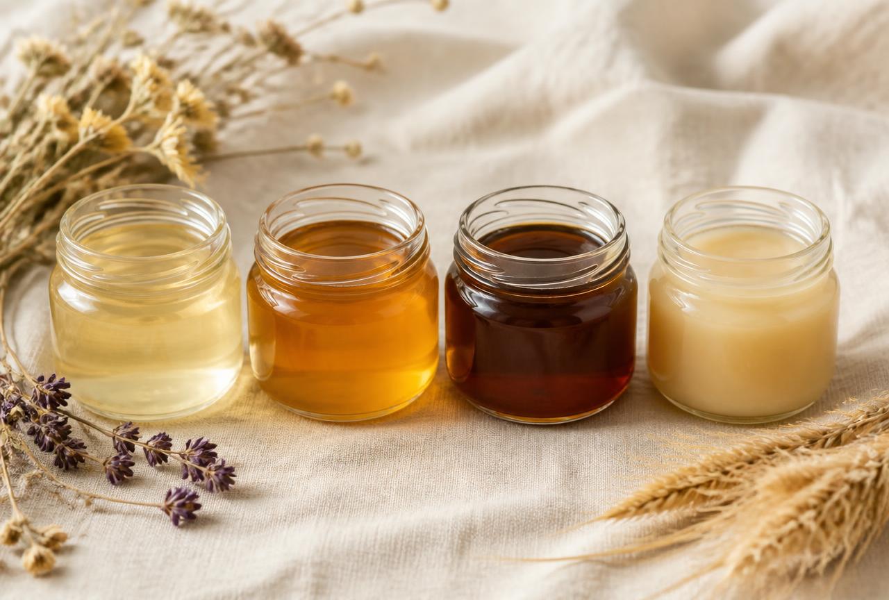 Four jars of honey in different shades on cream linen with dried flowers